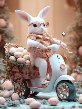 Cute Easter bunny riding a scooter with a basket full of colorful eggs. Cozy springtime mood with festive charm. Perfect for Easter promotions, seasonal designs, or children’s themed content. Vertical
