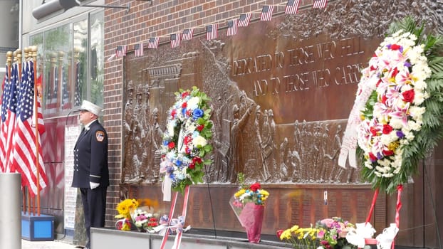 New York City, United States - 11 September 2023: Firefighters celebrate Patriot Day. Guard honoring 911, Memorial wall, FDNY commemorate anniversary. Fire Depart Station, Manhattan 10 Ten Firehouse.