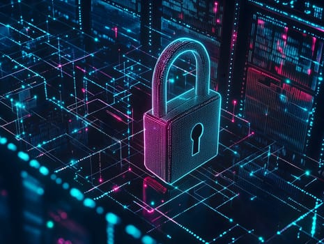 Glowing padlock floating in a futuristic digital grid. Concept of cybersecurity, encryption, firewall, and data privacy in the virtual world. Ideal for tech, networks, and secure systems visuals.