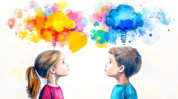 Two young children exchange thoughts, visualized as colorful thought bubbles floating above their heads, symbolizing communication, imagination, and creative thinking