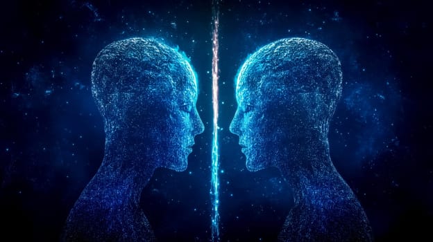 Two digital heads made of particles face each other, separated by a glowing bridge of light, symbolizing communication and connection in a vast, dark, starry space