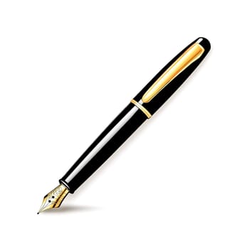Elegant black and gold fountain pen casting a shadow on a pristine white background, poised for writing or signing significant documents and contracts in a sophisticated setting