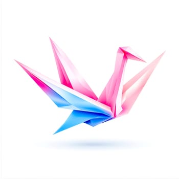 Pink and blue origami crane is representing peace, hope, and cultural tradition on a clean white background, creating a vibrant and symbolic image