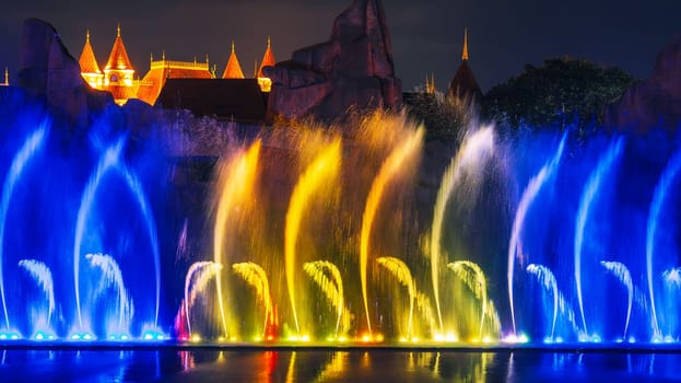bright colorful color dancing and singing fountain at night. Musical performance