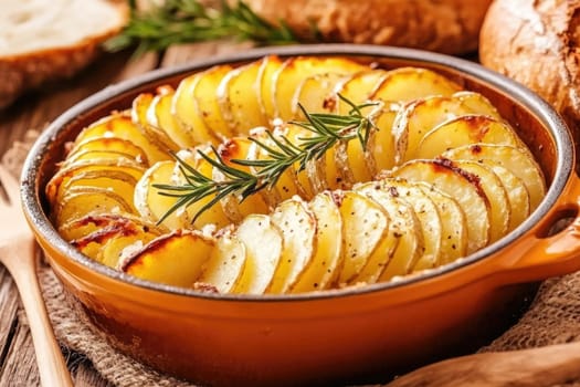 Layers of perfectly baked potatoes arranged in a round dish, topped with fresh rosemary and light seasoning placed on a wooden table with rustic elements.