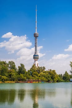 tall television TV tower in Tashkent in Uzbekistan on the background of a blue sky