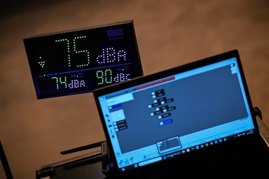 Sound level is monitored at a concert, showing 75 dBA on a digital display. A laptop runs software for tracking decibel levels as part of audio management.