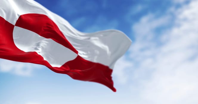 Photorealistic 3D render of the Greenland national flag fluttering in the wind on a bright day, symbolizing arctic identity and freedom