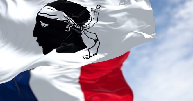 Photorealistic 3D render of Corsica and France flags waving side by side in the wind. Concept of unity, cultural pride, and diplomacy under a bright sky
