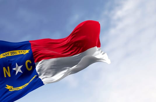 Photorealistic 3D render of the North Carolina state flag fluttering dynamically under a clear sky. A patriotic symbol of freedom and pride, ideal for cultural and historical themes.