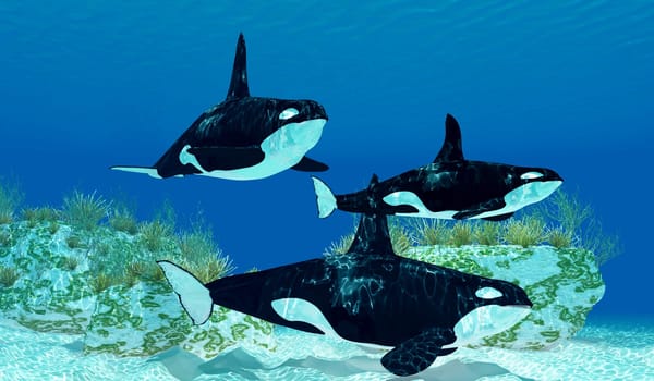 Three male bull Orca whales swim together over a reef on the sandy ocean floor.