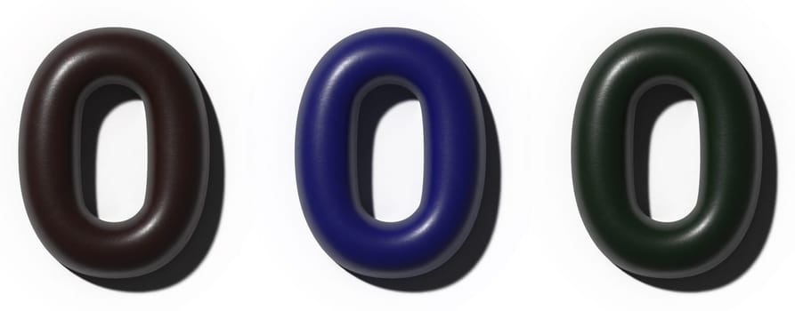 Three zeros with shadow and smooth surface on isolated background, 3D rendering illustration