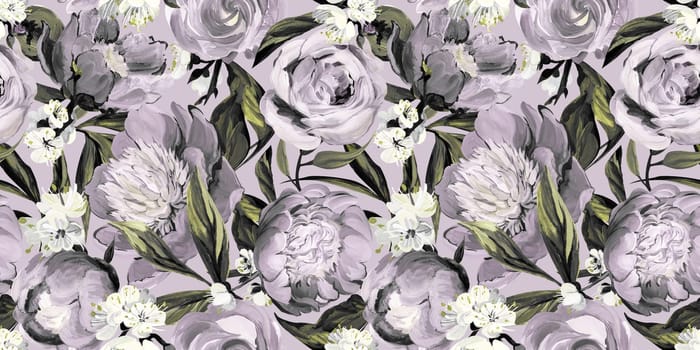 Seamless monochrome spring pattern drawn in gouache with pink peonies for trxtile