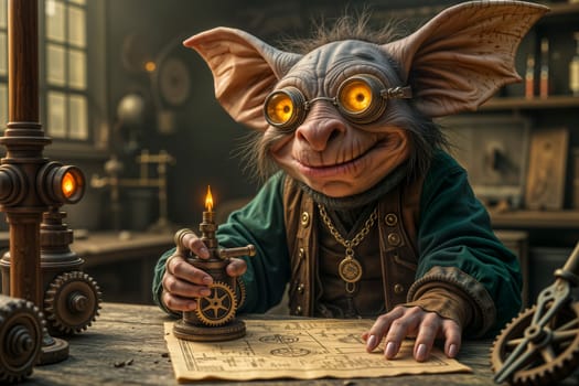 Whimsical steampunk goblin inventor holding mechanical device in cluttered workshop, bronze goggles, gears and copper pipes, warm industrial light, playful and chaotic mood, AI generated.