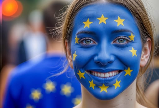 Portrait of smiling woman with European Union flag face paint, blue and yellow colors, outdoor scene, symbol of Europe, unity, activism and international events, AI generated.