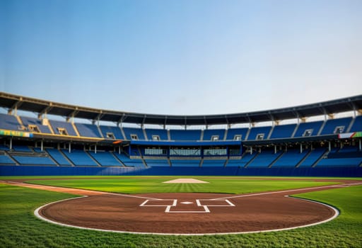 Empty baseball stadium with home plate, dirt infield, green grass and blue seats under clear sky, perfect for sports events, competition, and editorial use, AI generated