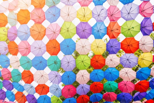 multicolored bright colorful umbrellas decoration on festive street in Tashkent in Uzbekistan