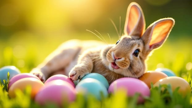 Image of a joyful bunny surrounded by vibrant Easter eggs in a grassy field. The rabbit exhibits an expression of delight and playfulness amidst the eggs. AI generated.