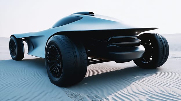 Sleek black sports car speeds through desert sand dunes, embodying a futuristic concept