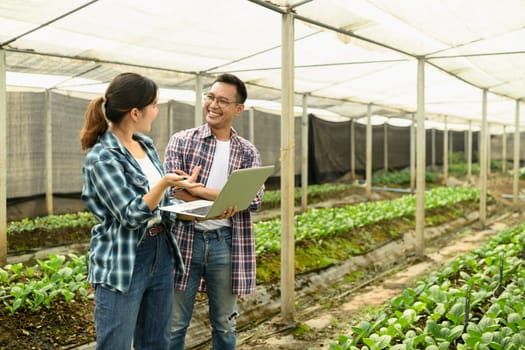 Smiling man and woman standing in a greenhouse, using a laptop to manage crop data.