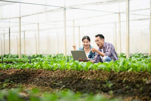 Excited young farmers celebrating success while using a laptop in a lush greenhouse.