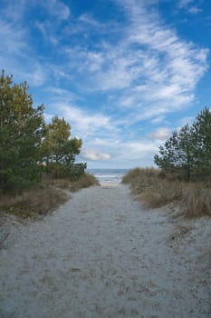 Beach crossing on the island of Usedom to the Baltic Sea. White sand and dune grass. Nature photo from a German island