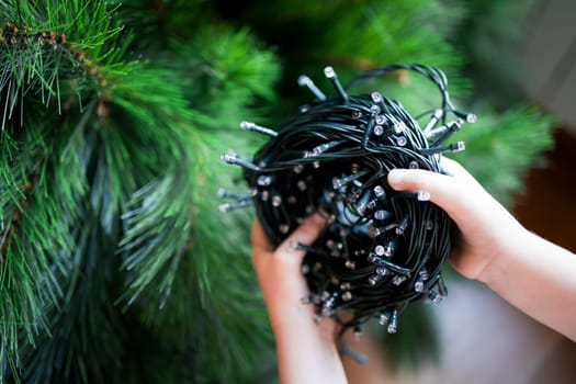 Child holding Christmas tree lights for decorating green pine.