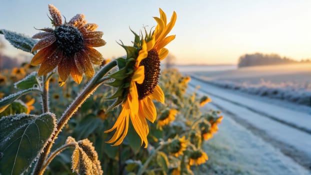 Golden sunflowers stand brightly against a frosty winter landscape, basking in warm sunlight. A quiet dirt path winds through fields, inviting a sense of peace and natural beauty at dawn.