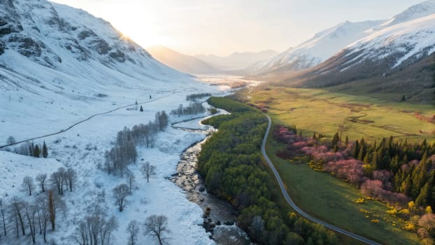 Snow blankets the mountains as spring beckons, revealing vibrant greenery and blooming trees. A serene river winds through the valley, capturing the beauty of seasonal change at golden hour.