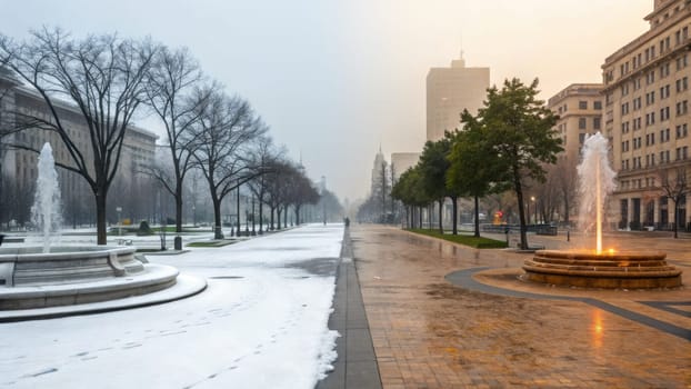 A city square showcases the contrast between winters snowy blanket and the morning glow, where a lone figure walks amidst the elegant trees and fountains, highlighting seasonal change.