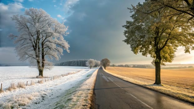 A rural road meanders between winters snowy fields and springs vibrant greenery, framed by frosty trees and bright sunlight, symbolizing the change of seasons in a serene landscape.