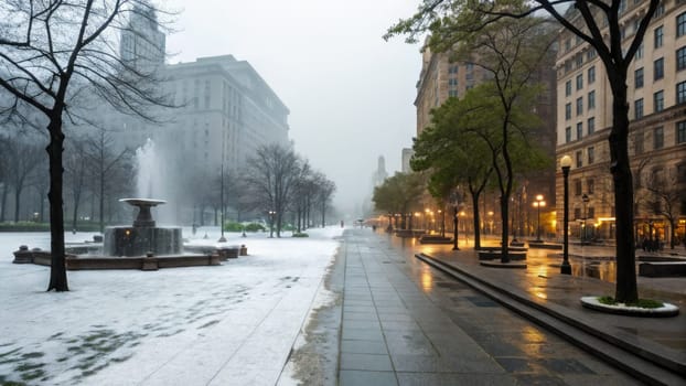 A city park is blanketed in fresh snow, with mist rising from the fountain. Trees line the pathways, creating a tranquil atmosphere as people enjoy the winter landscape.