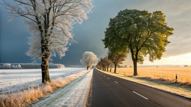 A captivating rural road stretches through contrasting seasons, with one side embraced by winters frost while the other basks in springs warmth, illuminated by soft sunlight in early morning.