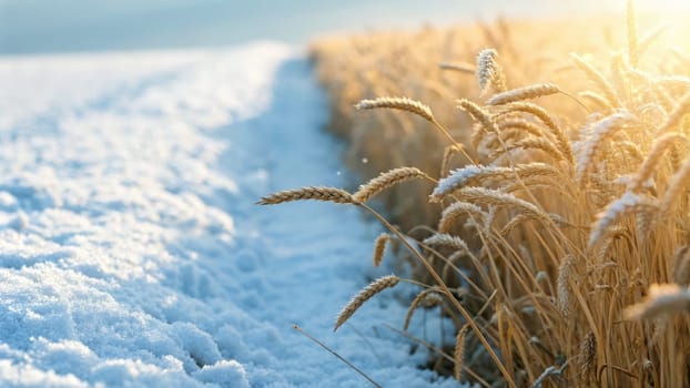 Frost gently blankets a golden wheat field as the sun rises, illuminating the contrasting beauty of winter and the harvest season. Nature showcases its duality in this serene landscape.