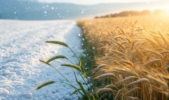 A beautiful transition between two seasons unfolds in a wheat field beside a snowy terrain.