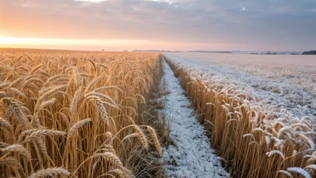 A path runs through a golden wheat field, flanked by frost-covered stalks as the morning sun rises. The landscape showcases the transition from autumn to winter, highlighting natures beauty.