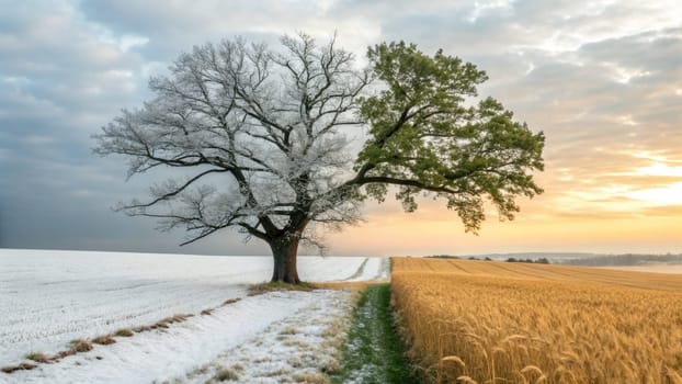 A majestic tree stands at the border where snowy winter gives way to golden fields of autumn grain. Warm colors light up the sky, creating a beautiful transition of natures seasons.
