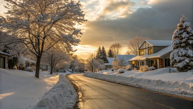 A peaceful suburban street dusted with fresh snow showcases a breathtaking sunset. Golden rays pierce through clouds, casting a warm glow over the glistening frost and quaint homes.