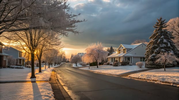 A serene neighborhood basks in the warm glow of a setting sun, illuminating frosty trees and snow-covered streets. The tranquil atmosphere invites peaceful strolls along the empty road.