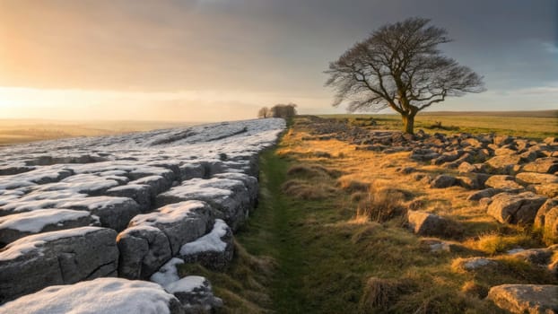 A rocky terrain transitions from winters chill with patches of snow to vibrant spring colors. A solitary tree stands tall amid the landscape, capturing the beauty of natures transformation at dawn.