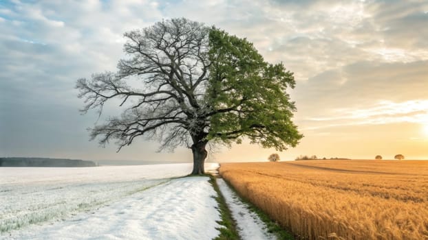 A single tree stands boldly between contrasting seasons. To the left, snow blankets the ground, while to the right, golden wheat sways gently in the breeze under a warm sunset.
