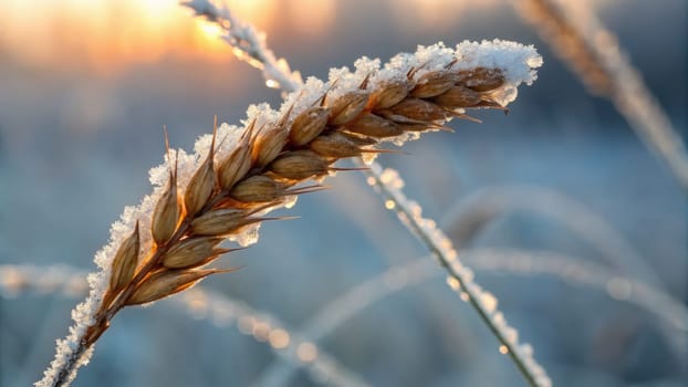 Dewy frost blankets a golden wheat spike as the sun rises, casting a warm glow over a tranquil winter landscape. Nature awakens in serene beauty as cold temperatures linger.