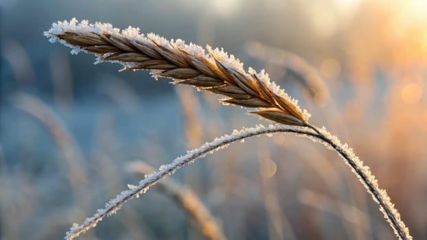 In a quiet meadow, delicate grasses glisten with frost as the sun rises, casting a warm glow. The serene landscape captures the contrast between winters chill and the coming warmth of dawn.