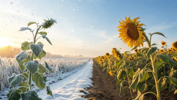 Bright sunflowers stand tall amidst a layer of winter frost, capturing the essence of seasonal change.