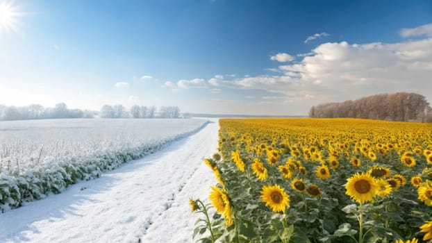 Vibrant sunflowers bloom under a clear sky, while the other side is cloaked in snow. This striking scene captures the beauty of natures seasonal changes and contrasts.
