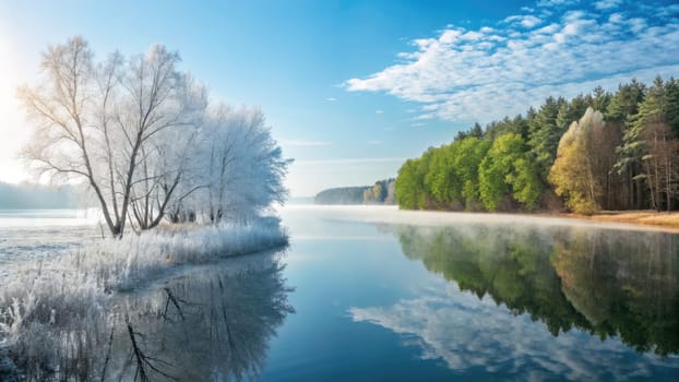 Frosted trees line the serene lake, their reflections mirrored in the still waters.