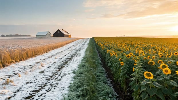 A breathtaking view of a rural farm showcasing the contrast of winter and summer. One side is blanketed in fresh snow, while vibrant sunflowers bask in warm sunlight on the other.