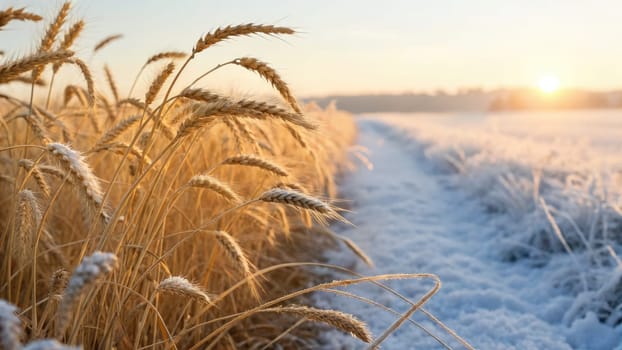 Glimmering wheat stalks stand tall amidst a blanket of frost. The golden hues catch the soft sunlight, creating a serene winter landscape.