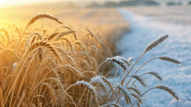 Golden wheat fields glimmer in the early morning light, edged by snow-covered ground. The scene captures the transition of seasons, highlighting natures beauty and resilience.