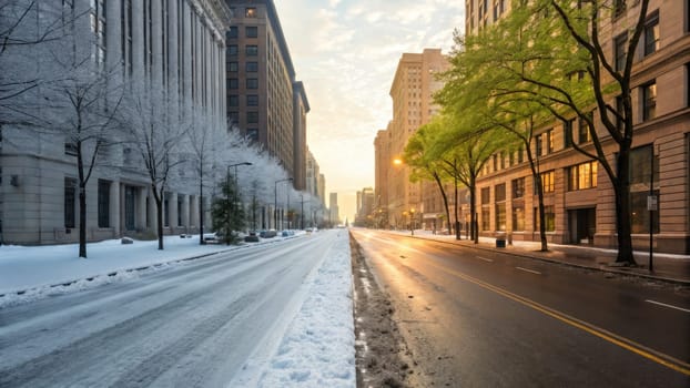 A quiet city street awakens to a crisp winter morning, where one side is cloaked in pristine snow while the other basks in golden sunlight. The contrast creates a peaceful atmosphere.